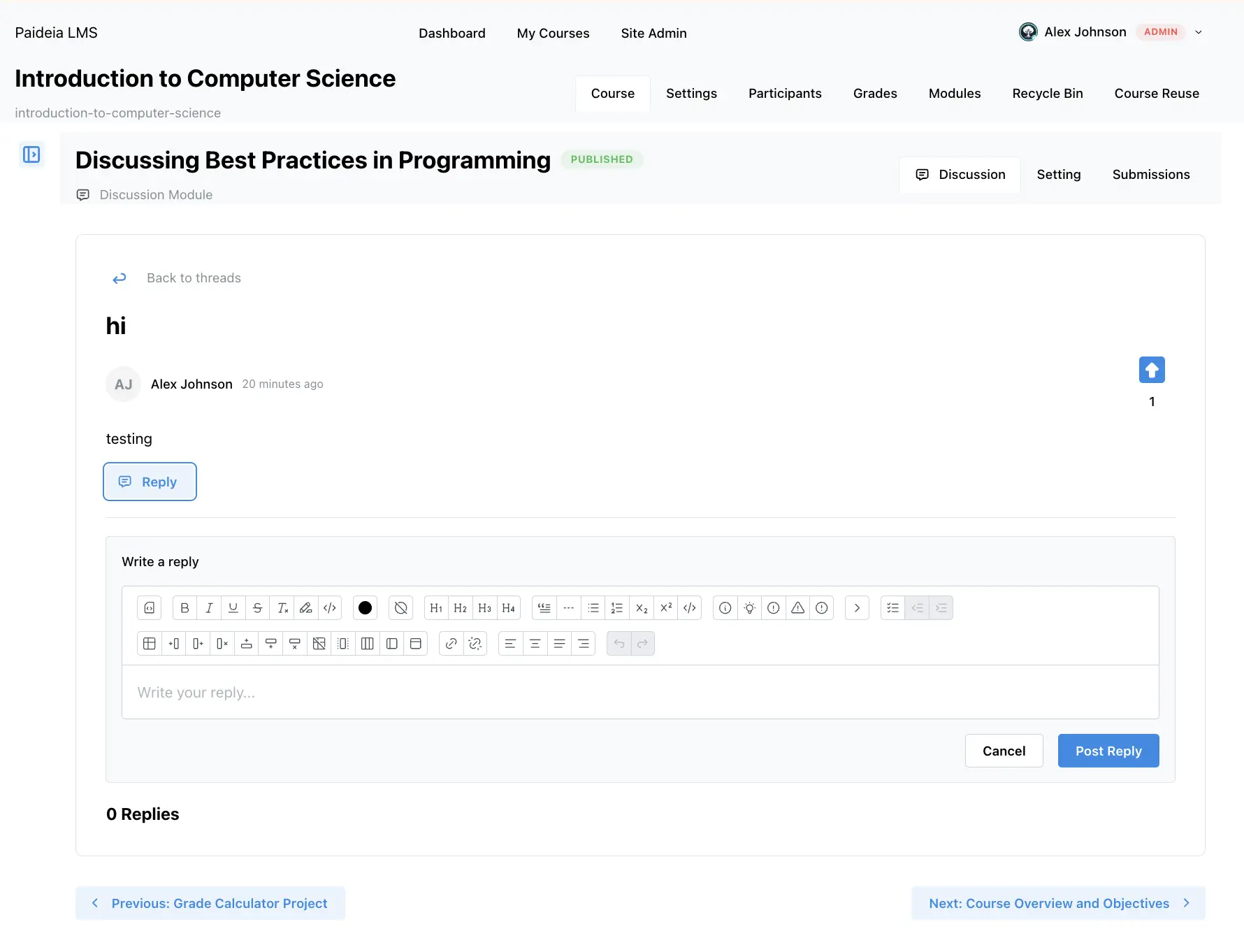 Course Module Discussion Thread Reply